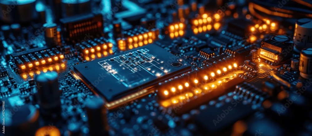 Close up of a circuit board with glowing components. Close up of a circuit board with glowing components.
