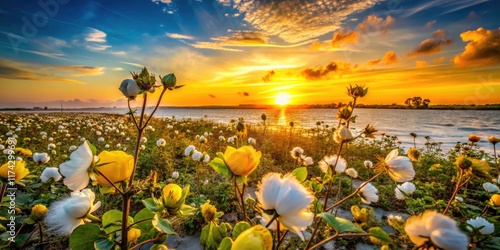 Sea Island cotton flowers burst open at sunset, painting a vibrant Hilton Head scene.  Gossypium barbadense in bloom. photo