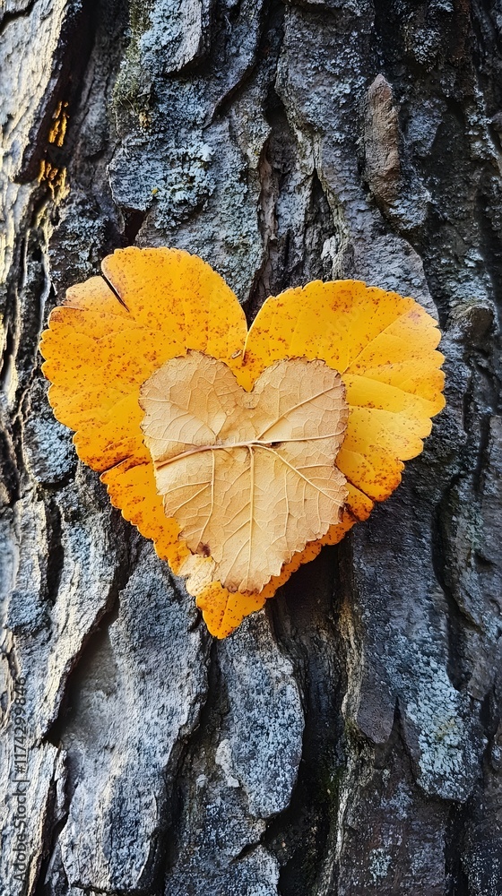 Autumn Heart Shaped Leaf on Tree Bark with Warm Tones Autumn Heart Shaped Leaf on Tree Bark with Warm Tones
