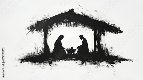 Silhouette of Joseph Mary and Baby Jesus Christ Christmas Manger Nativity Scene Black Ink Watercolor Isolated on White Canvas