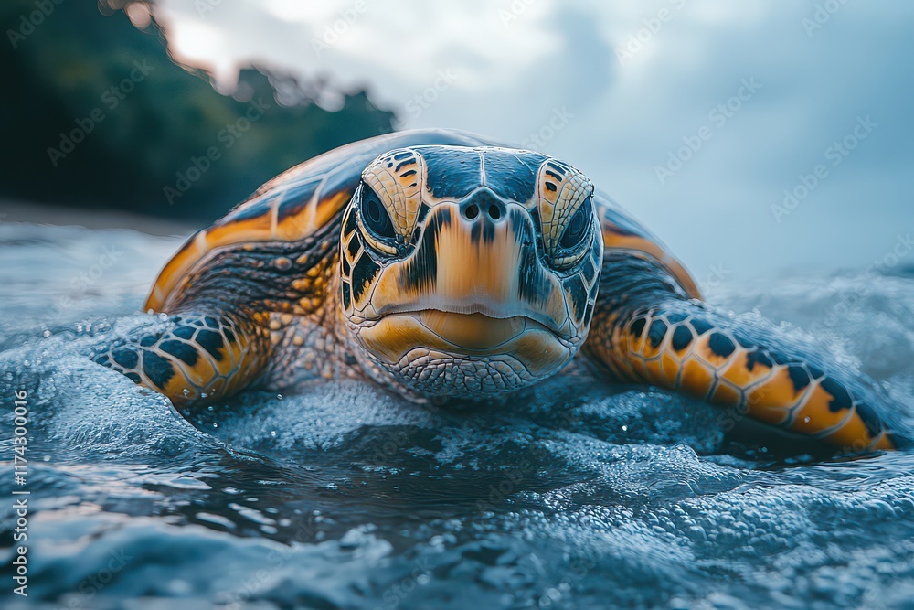 Obraz premium Marine Biologist Tagging Sea Turtle in Serene Ocean Setting