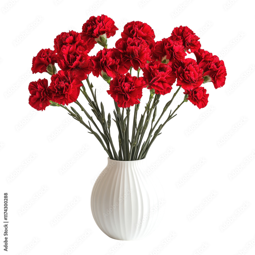 Obraz premium Red carnation bouquet in a white ceramic vase isolated on white or transparent PNG