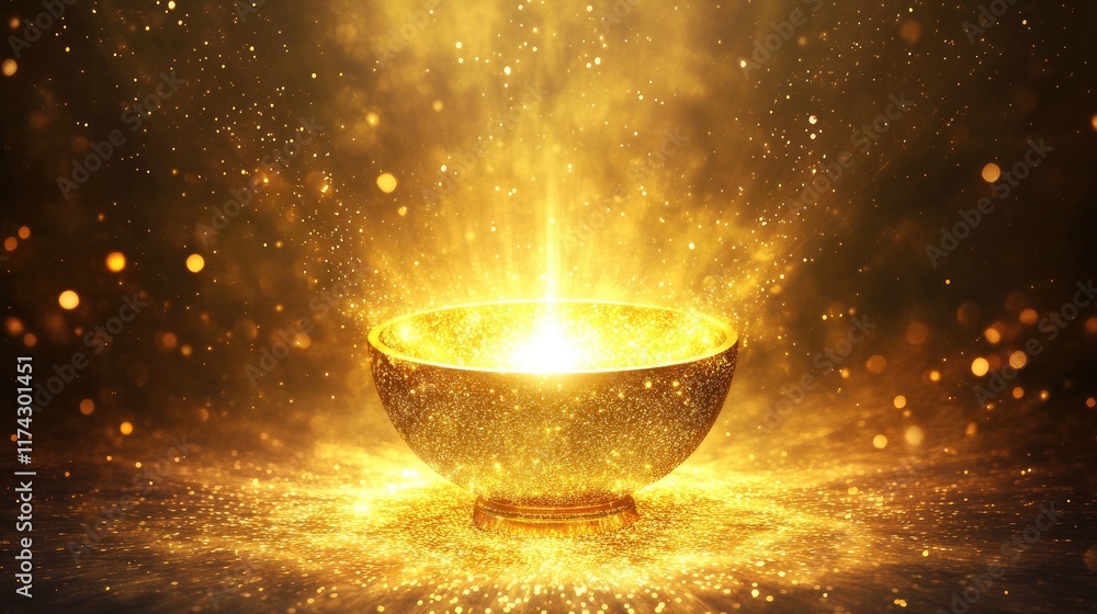 Golden Bowl Radiating Light and Sparkles in a Mystical Atmosphere Golden Bowl Radiating Light and Sparkles in a Mystical Atmosphere