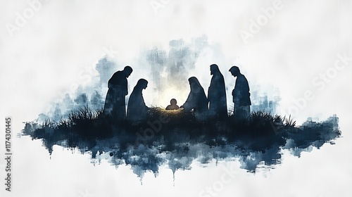Silhouette of Joseph Mary and Baby Jesus Christ Christmas Manger Nativity Scene Black Ink Watercolor Isolated on White Canvas
