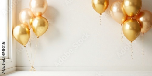 Elegant gold and champagne balloons in a minimalist room setting