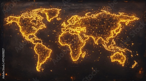 Global Network Map with Bright Connections and Data Lines