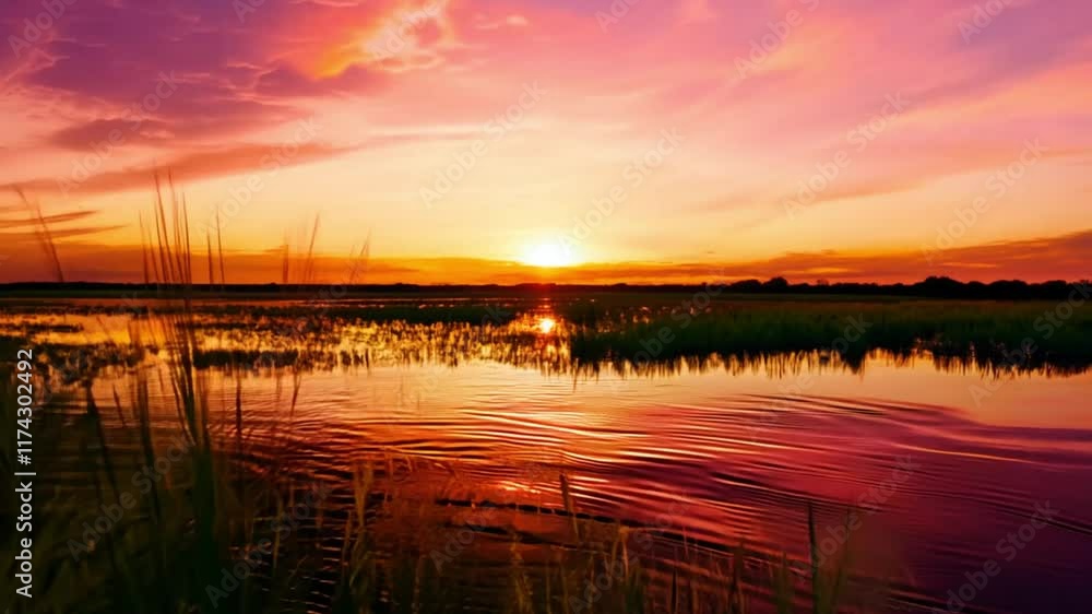 A glowing orange and yellow sunset reflecting over a calm river with reeds, showcasing the serene and picturesque beauty of untouched wetlands at dusk. A glowing orange and yellow sunset reflecting over a calm river with reeds, showcasing the serene and picturesque beauty of untouched wetlands at dusk.