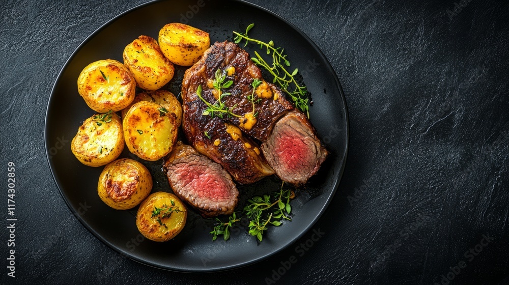 Prime Rib WIth Golden Roasted Potatoes. Copy Space Prime Rib WIth Golden Roasted Potatoes. Copy Space