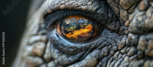 Close-up of an elephant's eye with a reflection of a forest and sunset.