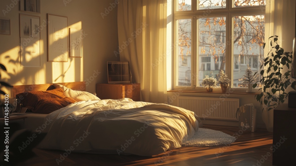 Fototapeta premium Cozy Bedroom with Natural Light and Warm Color Palette in Evening
