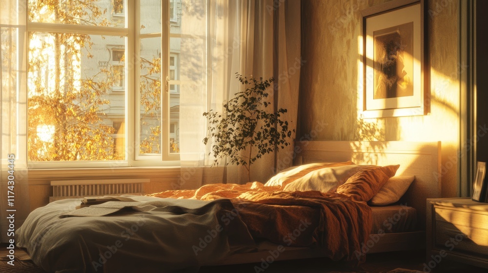 Fototapeta premium Cozy Bedroom with Warm Light and Autumn Views Through Window