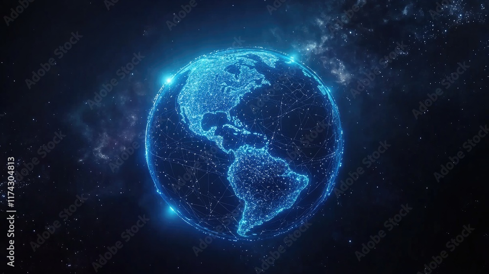 Obraz premium Digital Global Network Visualization with Bright Connected Nodes