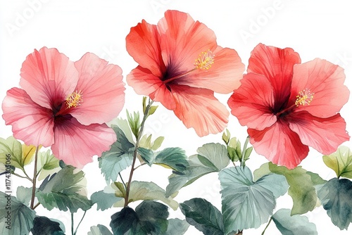 Wallpaper Mural Vibrant watercolor illustration of hibiscus flowers with lush green leaves. Torontodigital.ca