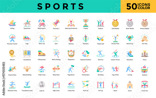 Sports icon set with sailing, equestrian, motorsports, formula 1, opening, ceremony, trophy, podium, gold medal, silver medal , bronze medal icon. Simple flat color vector 
