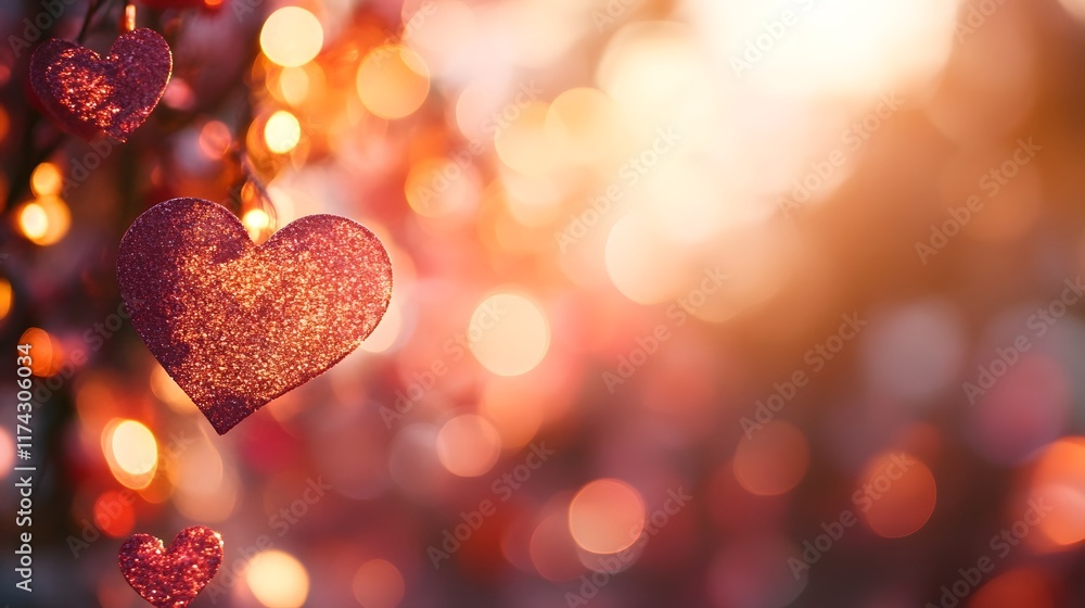 Sparkling Red Heart Shaped Ornament Decorating Festive Background with Glittering Bokeh Sparkling Red Heart Shaped Ornament Decorating Festive Background with Glittering Bokeh