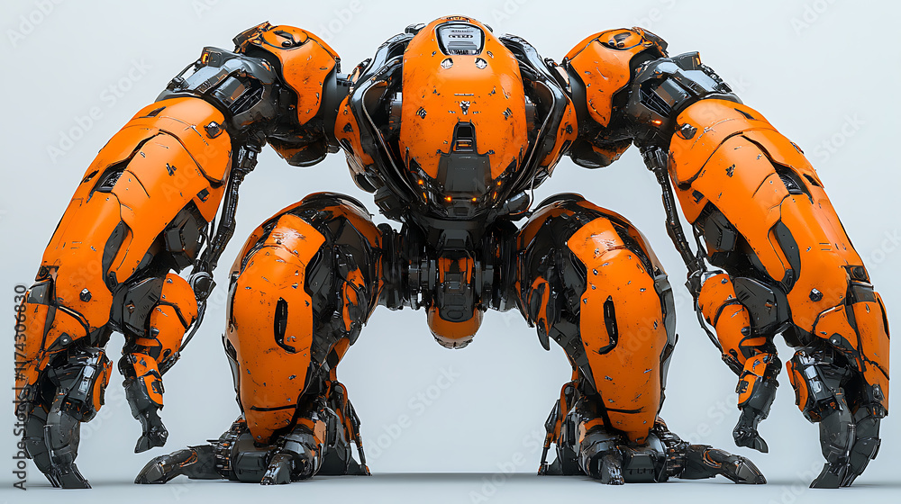 Orange robotic creature, futuristic design, mechanical, strong, powerful, digital rendering. Orange robotic creature, futuristic design, mechanical, strong, powerful, digital rendering.
