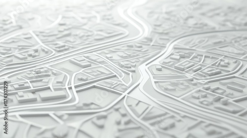 A 3D visualization of a city map in white, featuring roads and buildings in a minimalistic layout, perfect for urban planning and design visualization