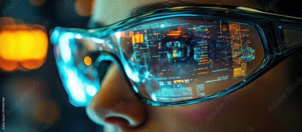 Close-up of a person wearing futuristic goggles with a digital interface reflected in the lenses. Close-up of a person wearing futuristic goggles with a digital interface reflected in the lenses.