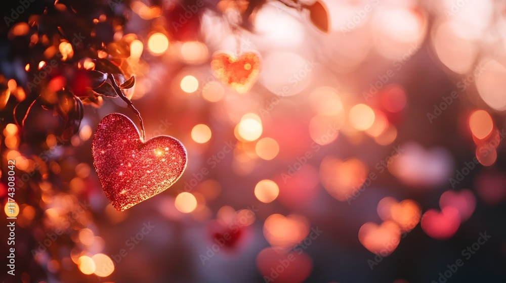 Sparkling Red Heart Ornament on Blurred Bokeh Background with Warm Valentine s Day Atmosphere Sparkling Red Heart Ornament on Blurred Bokeh Background with Warm Valentine s Day Atmosphere