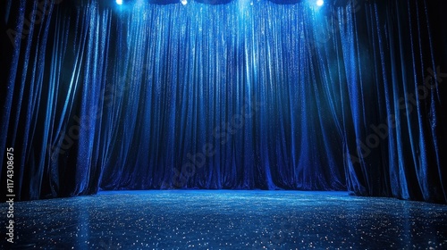 A blue stage with silver glittering lights flickering across a rich blue curtain, creating a mesmerizing and dramatic atmosphere for a show