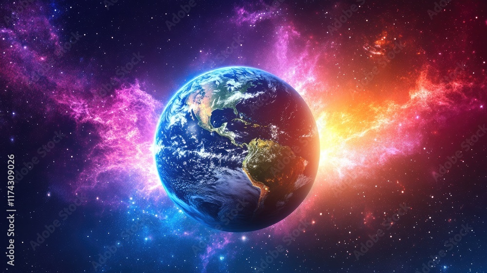 Fototapeta premium Stunning View of Earth Surrounded by Cosmic Nebula and Stars