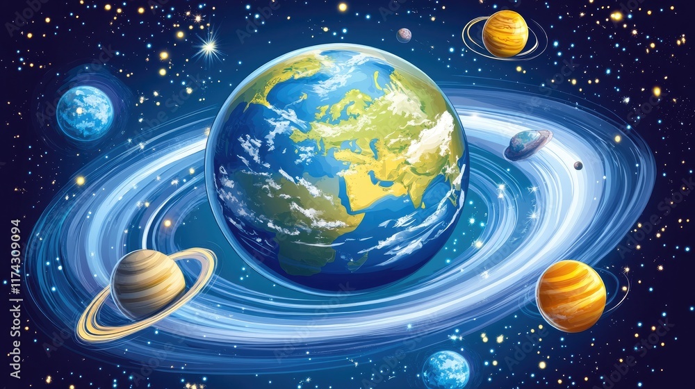 Fototapeta premium Colorful Illustration of Earth Surrounded by Planets and Stars