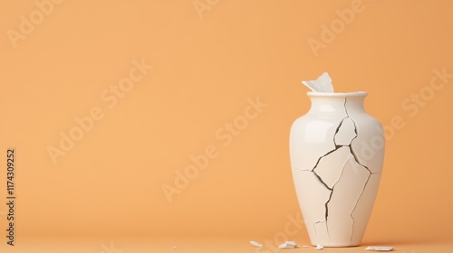 Cracked white vase on orange background faience art symbolizing fragility