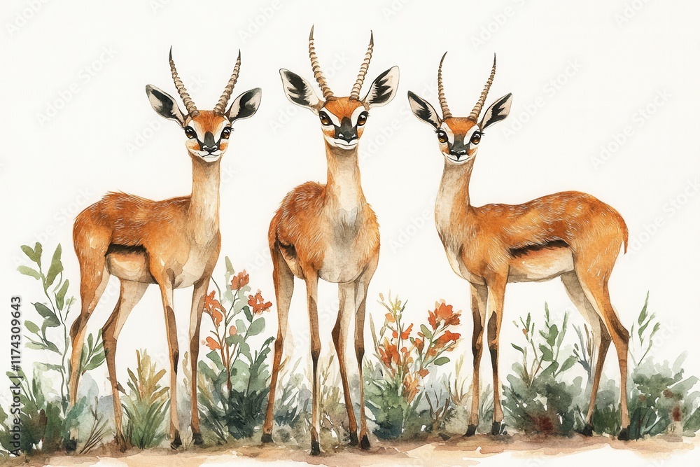 Three graceful gazelles standing amidst foliage in a watercolor illustration. Three graceful gazelles standing amidst foliage in a watercolor illustration.