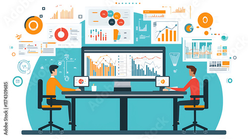 Wallpaper Mural Two men are sitting at a desk with multiple computer monitors and a large screen Torontodigital.ca