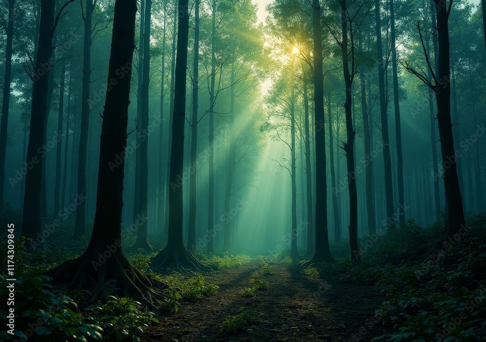 Obraz premium Misty forest trails with sunlight filtering through tall trees in early morning