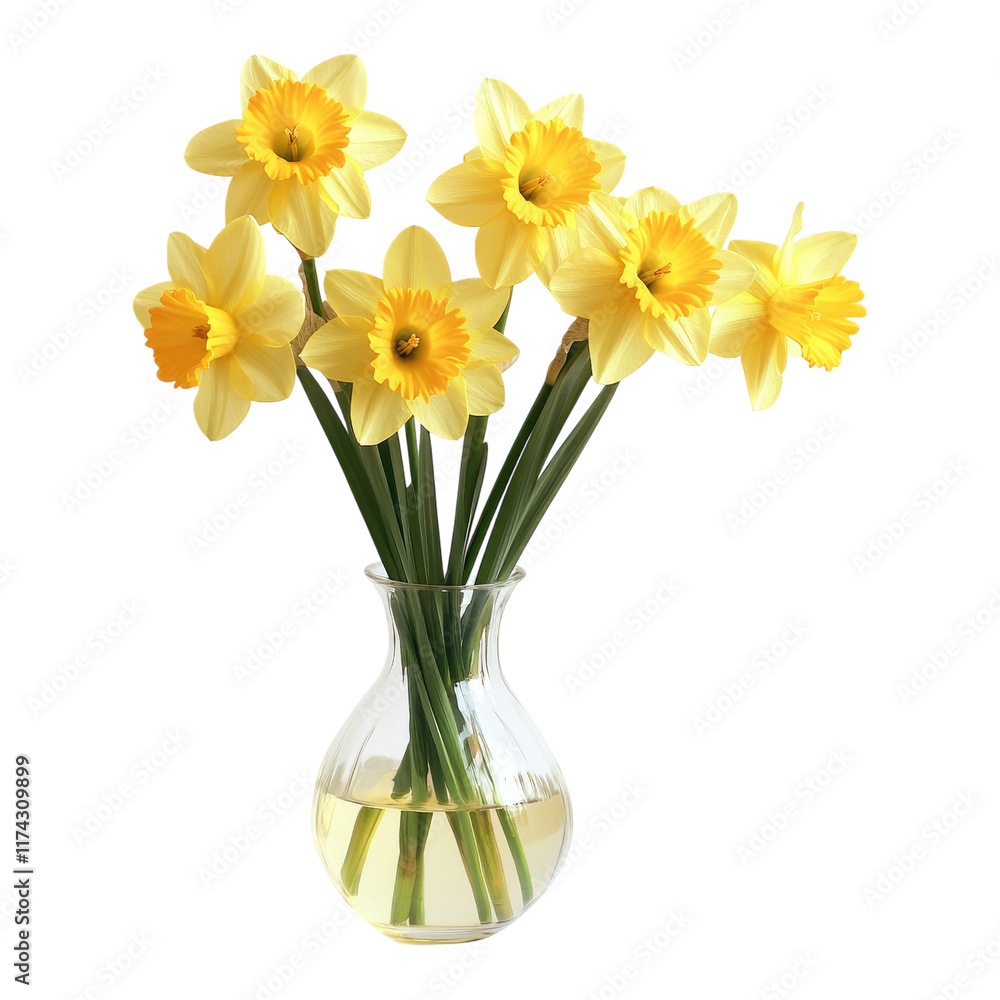 Yellow daffodil bouquet in a clear glass vase isolated on white or transparent PNG Yellow daffodil bouquet in a clear glass vase isolated on white or transparent PNG