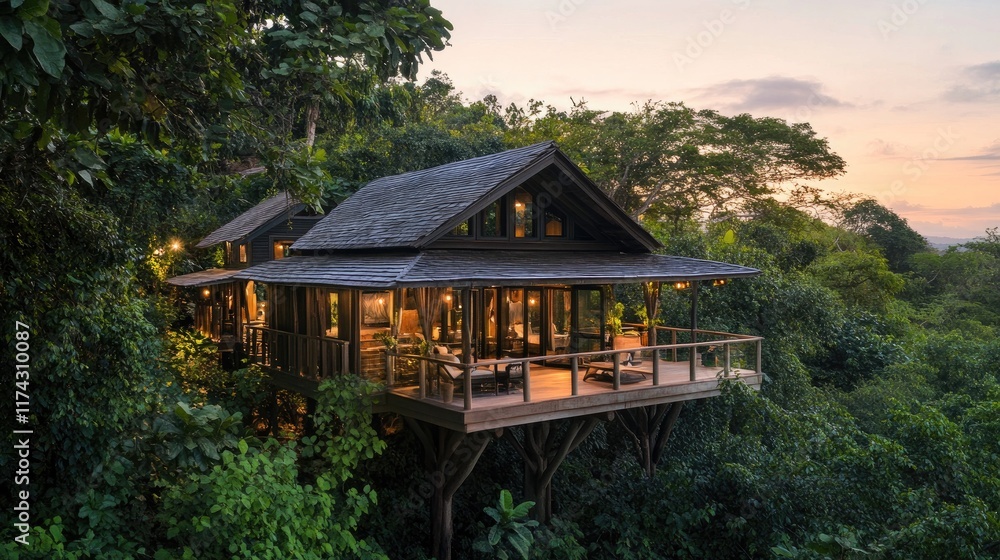 A charming treehouse perched high among the branches, with a rustic wooden design and balcony that overlooks a verdant forest, capturing the essence of nature's tranquility A charming treehouse perched high among the branches, with a rustic wooden design and balcony that overlooks a verdant forest, capturing the essence of nature's tranquility