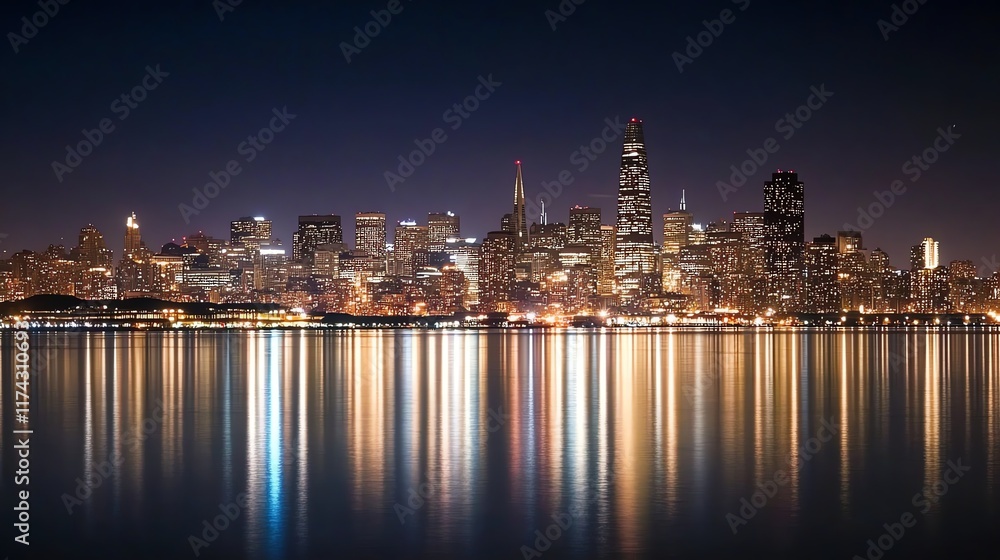City skyline at night with illuminated buildings and reflections on the water. City skyline at night with illuminated buildings and reflections on the water.