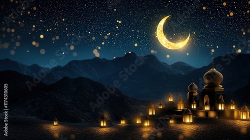 Ramadan, Spiritual, Holiday. Serene night landscape with a crescent moon and glowing lanterns.