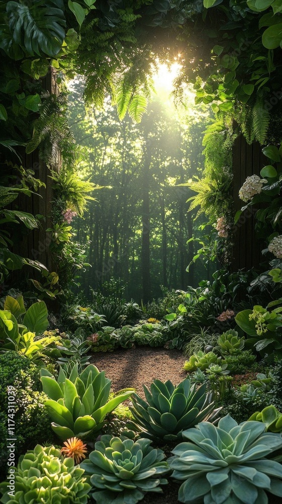 Fototapeta premium Sunlit path through lush green foliage and trees in a vibrant garden.