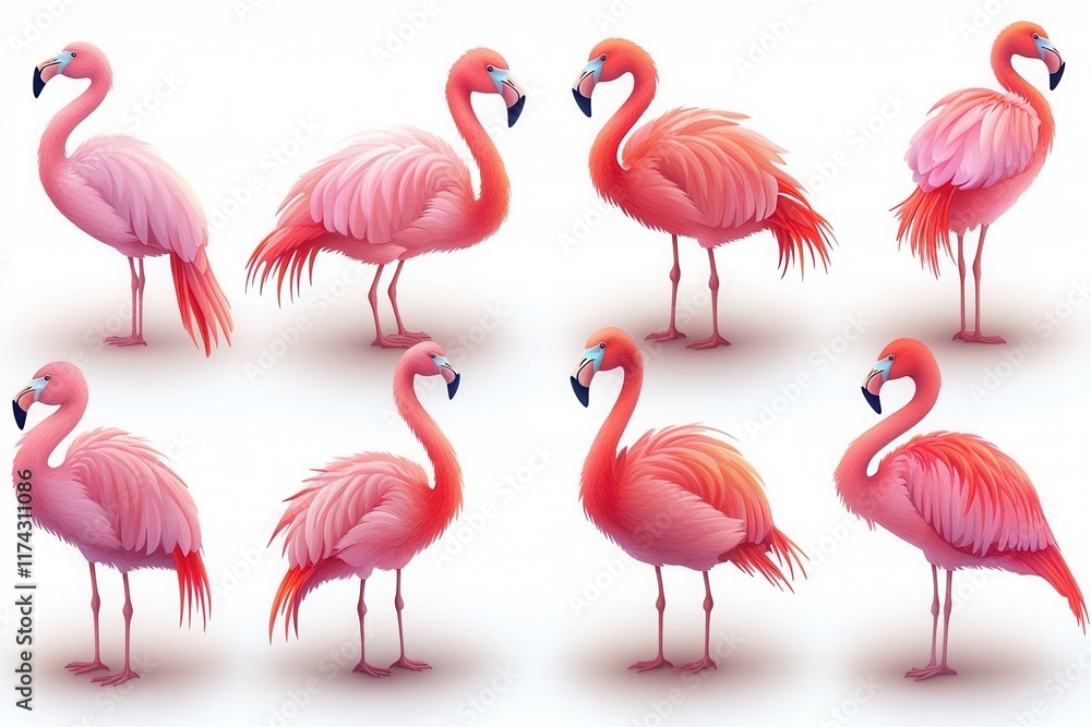 Fototapeta premium A vibrant collection of stylized flamingos in various poses and colors.