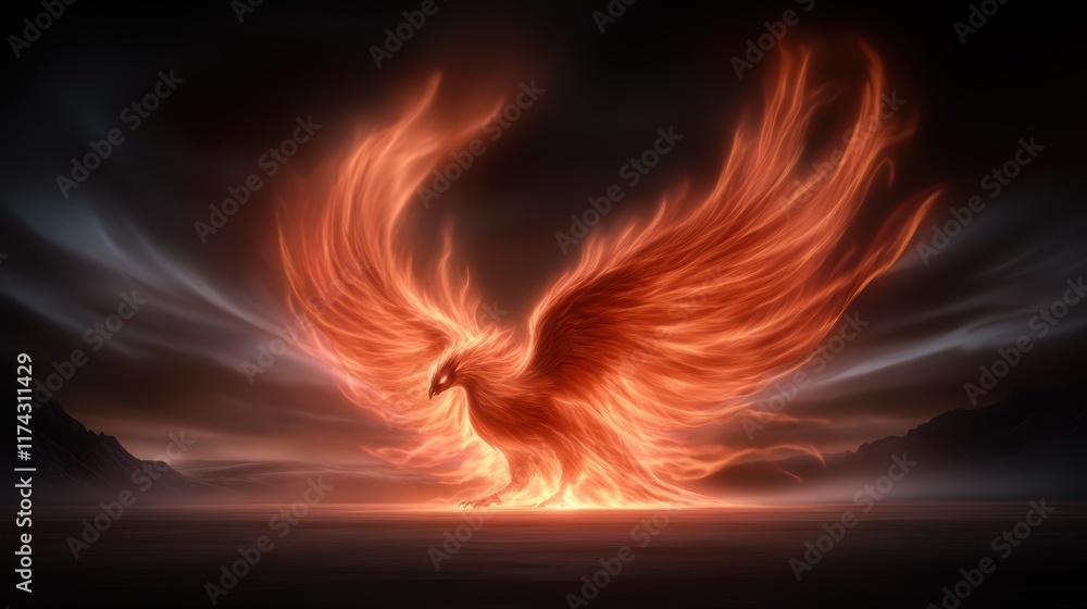 Fototapeta premium Majestic fiery phoenix soaring against dramatic dark sky