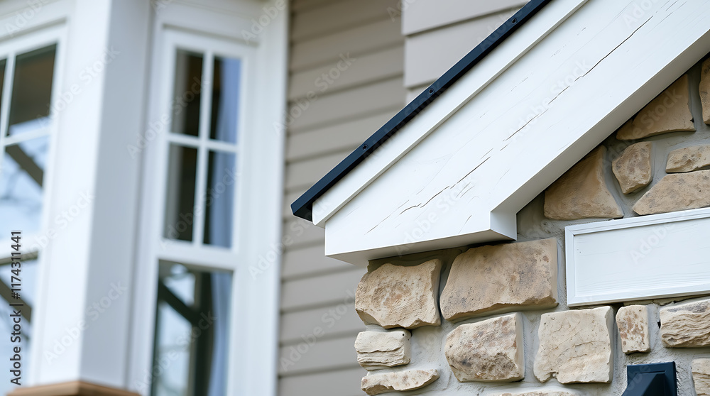 Exterior view of a house showing a white-framed multi-paned window next to a stone-faced section with a white gable roof featuring a dark gray border. The siding is light beige. Exterior view of a house showing a white-framed multi-paned window next to a stone-faced section with a white gable roof featuring a dark gray border. The siding is light beige.