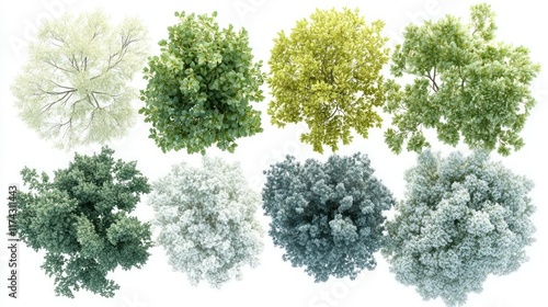 Eight diverse treetop views ideal for architectural renderings or landscape design. Varying colors and textures offer realistic nature integration into projects.