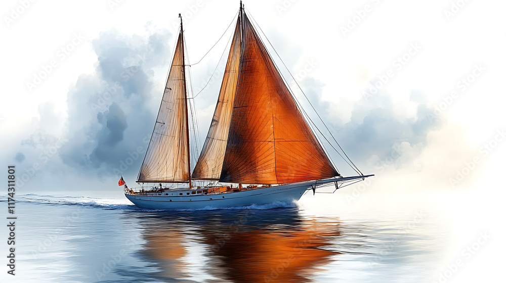 Fototapeta premium Classic sailboat sailing on calm sea under cloudy sky.