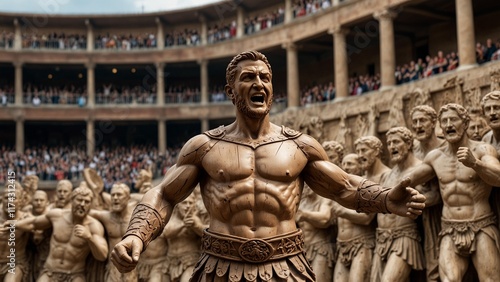 A dynamic wooden statue of Spartacus, depicted mid-swing with a gladius in hand, surrounded by carvings of the Roman arena crowd cheering. photo