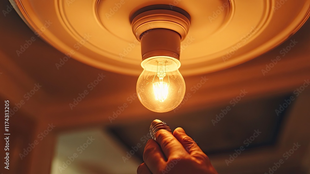 A close-up of a new bulb being tested in a ceiling socket to ensure proper installation A close-up of a new bulb being tested in a ceiling socket to ensure proper installation