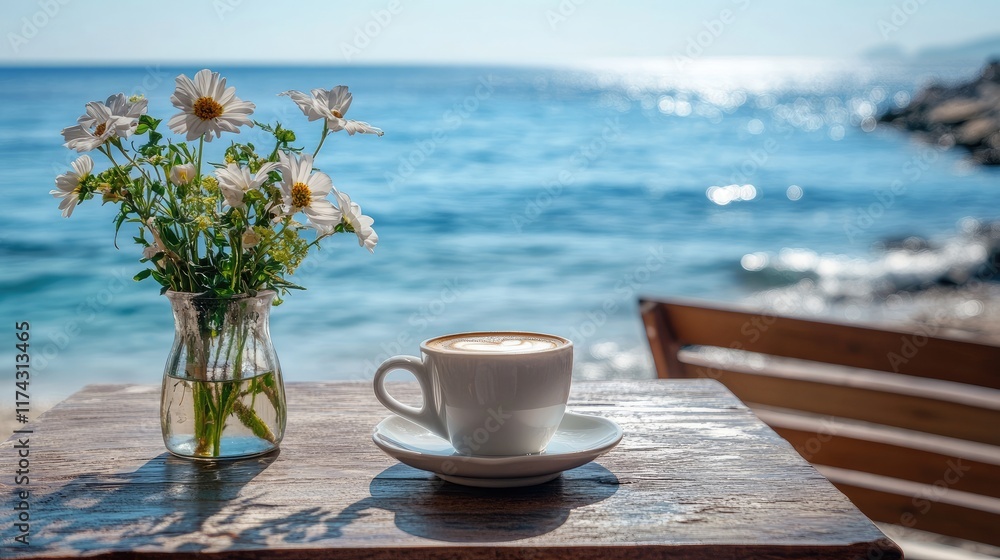 A cozy table at a beach cafe with a cup of coffee, a vase of flowers, and the serene blue sea in the background, perfect for a summer getaway A cozy table at a beach cafe with a cup of coffee, a vase of flowers, and the serene blue sea in the background, perfect for a summer getaway