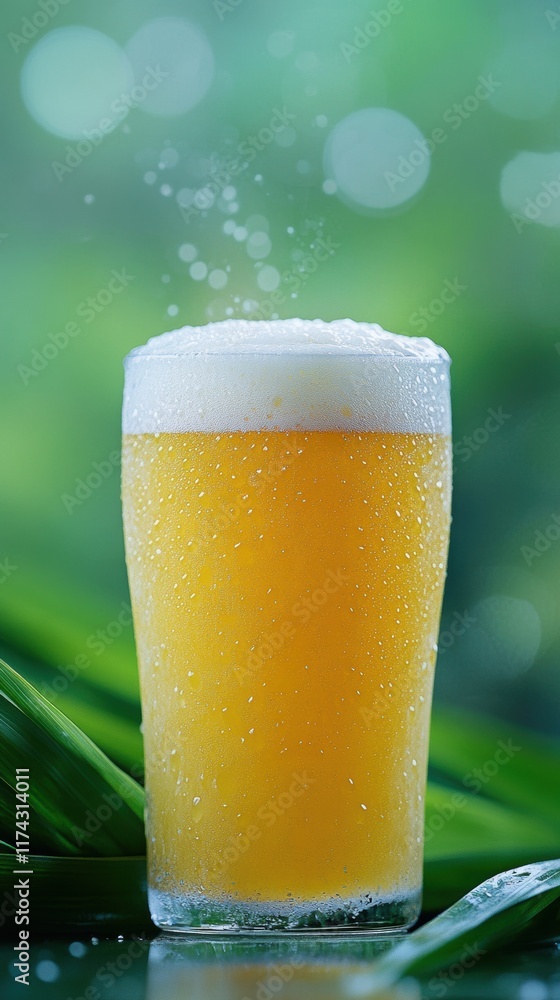 A chilled glass of golden beer, adorned with condensation, sits elegantly against a lush green backdrop. A chilled glass of golden beer, adorned with condensation, sits elegantly against a lush green backdrop.