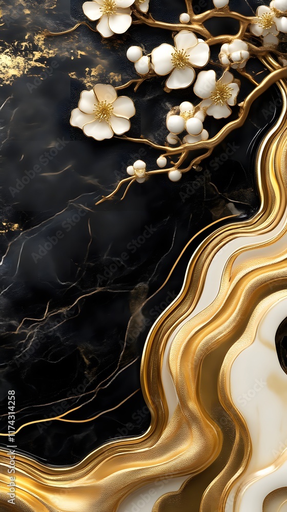 Obraz premium Elegant gold and black marble background with white flowers.