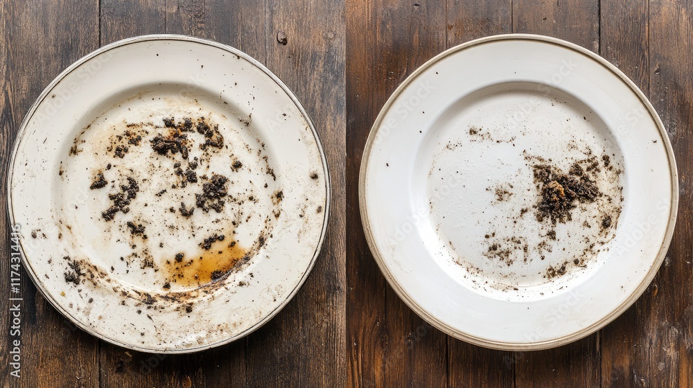 A comparison image of a dirty plate before and after being washed A comparison image of a dirty plate before and after being washed