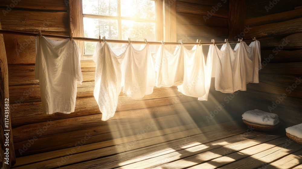 A foldable clothesline filled with white linens drying in a rustic, sunlit interior A foldable clothesline filled with white linens drying in a rustic, sunlit interior
