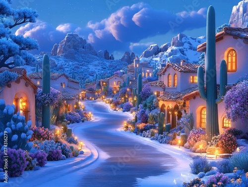 Snow-covered desert village at twilight, winding road, cacti, mountains.