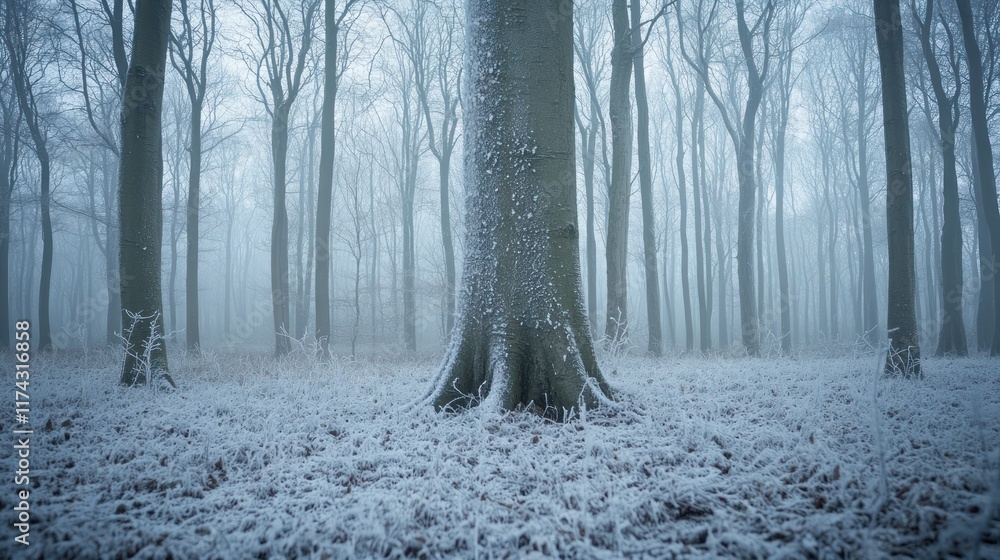 Naklejka premium A serene winter forest scene shrouded in fog and snow, creating a tranquil atmosphere.