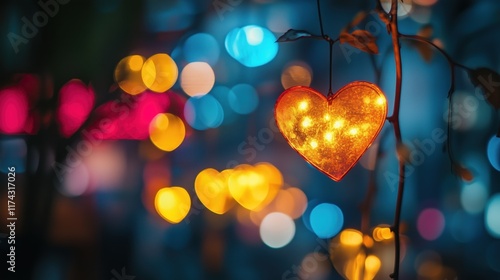 Fundo noturno com tema de amor. Coração pendurado em galhos secos em destaque, com luzes desfocadas ao fundo photo